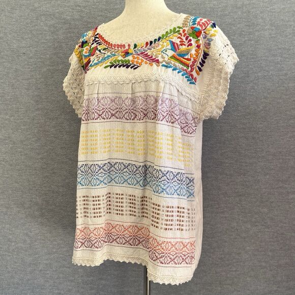Guenda Mexican Hand Embroidered Huipil Top Size L Folk Art Colorful Crochet Boho - Picture 3 of 12